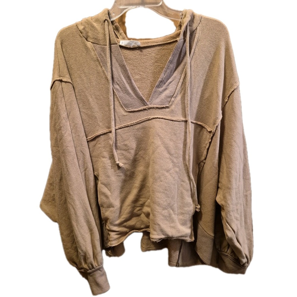 Bucketlist Women's Oversized Khaki Camel Knit Contrast Hoodie S Layering USA Y2K